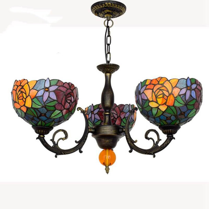 Europäischer Tiffany Prunkvolle Rose Buntglas 3-Licht Kronleuchter 