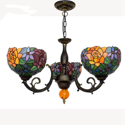 European Tiffany Showy Rose Stained Glass 3-Light Chandelier