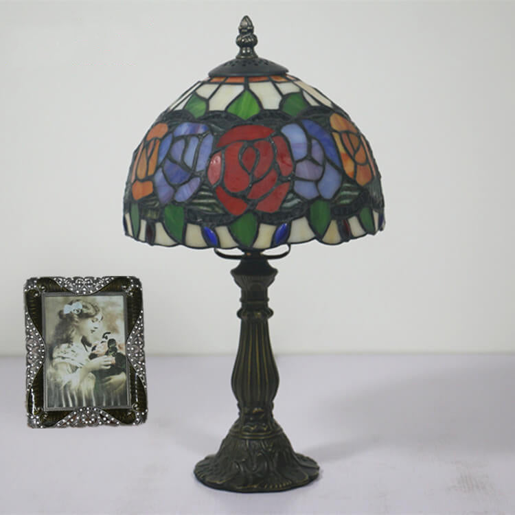 Retro Tiffany Flowering Rose Stained Glass 1-Light Table Lamp