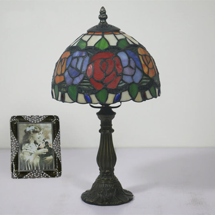 Retro Tiffany Flowering Rose Stained Glass 1-Light Table Lamp