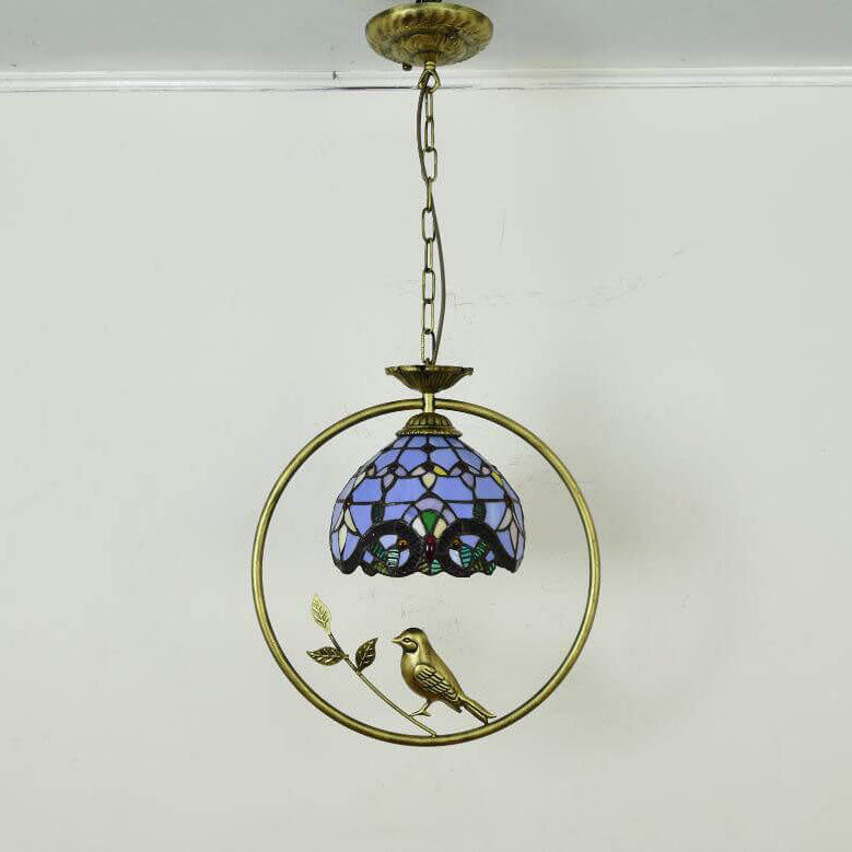 Tiffany Rustic Dome Stained Glass Ring Bird Design 1-Light Pendant Light