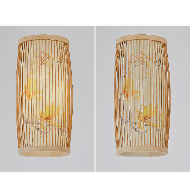 Modern Chinese Cylinder Waist Drum Bamboo Weaving 1-Light Pendant Light