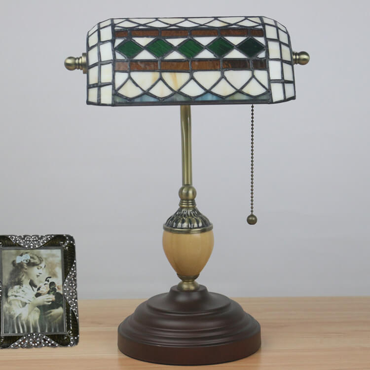 Lampe de table de banque vintage Tiffany Diamond Line en verre teinté à 1 lumière 