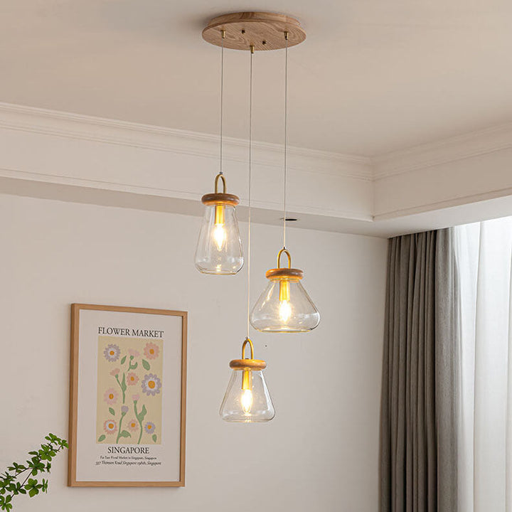 Moderne nordische runde Inselleuchte aus Glas und Holz mit 1/3-flammigem Kronleuchter-Design für das Wohnzimmer 