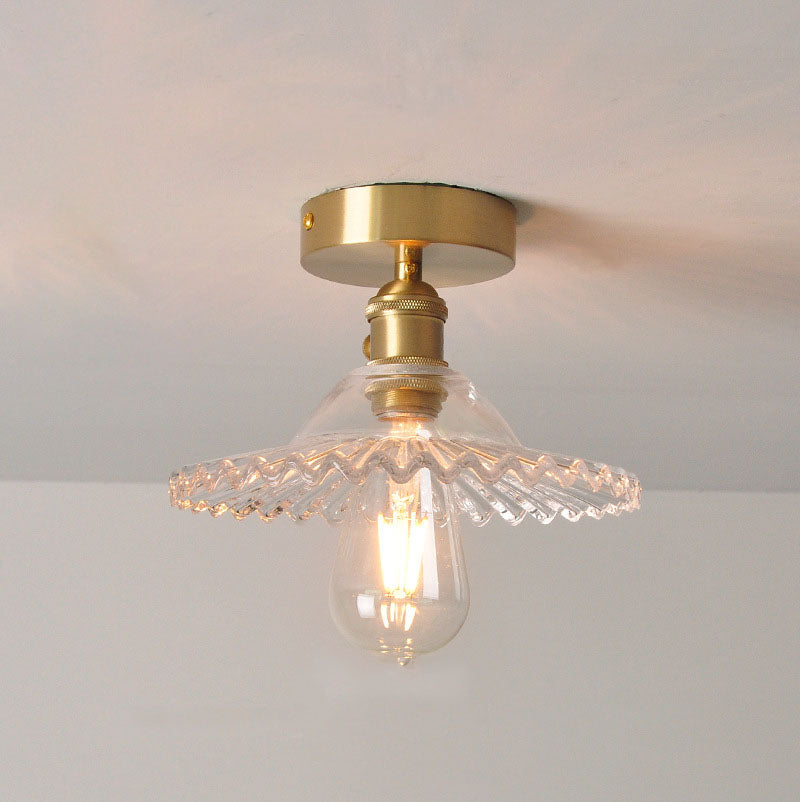 Traditionelle halb eingelassene 1-flammige Vintage-Deckenleuchte aus Glas und Eisen im Lotus-Design 