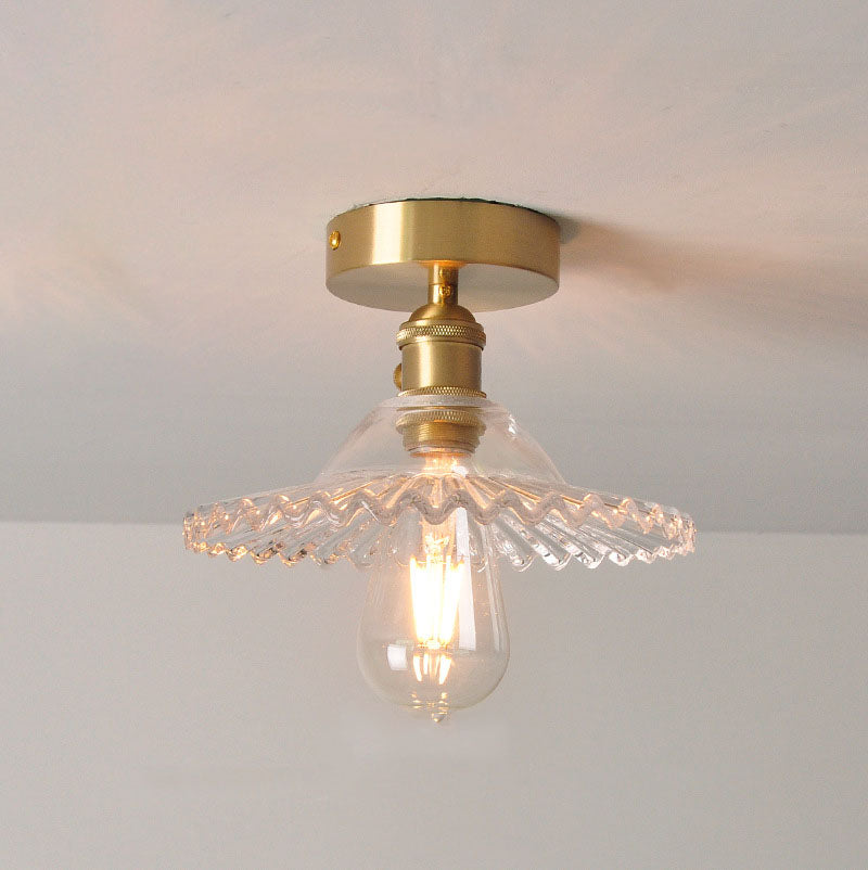 Japanese Vintage Glass Brass Lotus 1-Light Semi-Flush Mount Ceiling Light