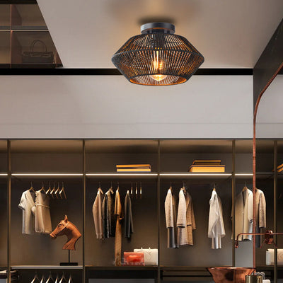 Traditionelle Bauernhaus Papier Reben Weben Käfig 1-Licht Halb Flush Mount Deckenleuchte 
