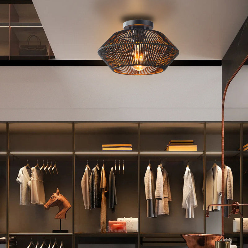 Traditionelle Bauernhaus Papier Reben Weben Käfig 1-Licht Halb Flush Mount Deckenleuchte 