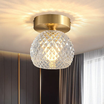 Modern Minimalist Pineapple Full Copper Crystal Glass 1-Light Semi-Flush Mount Ceiling Light