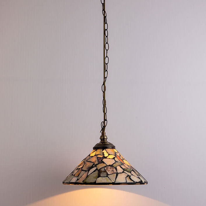 Traditionelle europäische Vintage-Pendelleuchte aus jadefarbenem Buntglas in Kegelform und Messing mit 1 Flamme für das Wohnzimmer 