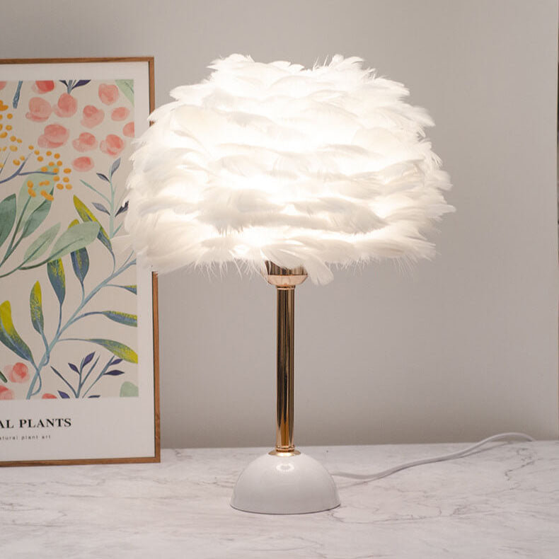 Modern Art Deco Feather Iron Round Shade Gold Pole 1-Light Table Lamp for Bedroom