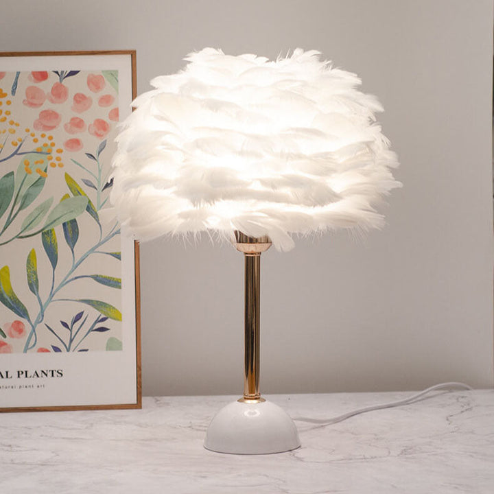Modern Art Deco Feather Iron Round Shade Gold Pole 1-Light Table Lamp for Bedroom