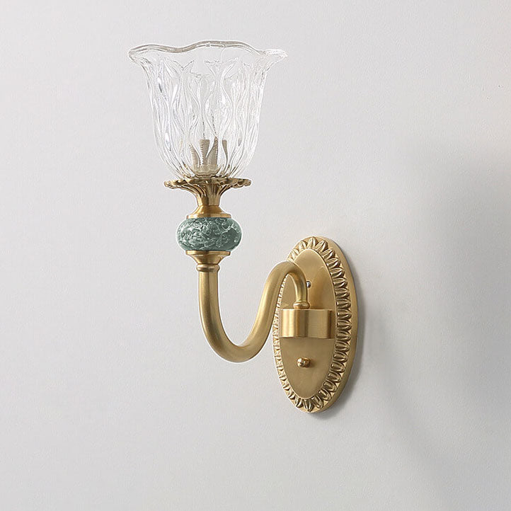 Lámpara Aplique de Pared de Lujo Europeo de Vidrio Floral de Latón con Brazo Curvado 1/2 Luz 
