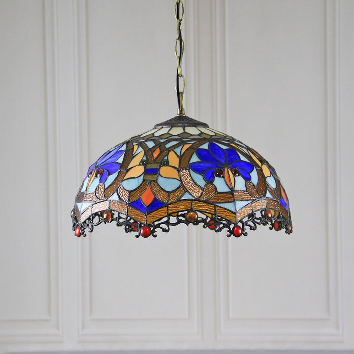 Lámpara colgante de 1 luz con cúpula de vidrio teñido estilo Tiffany Rustic 