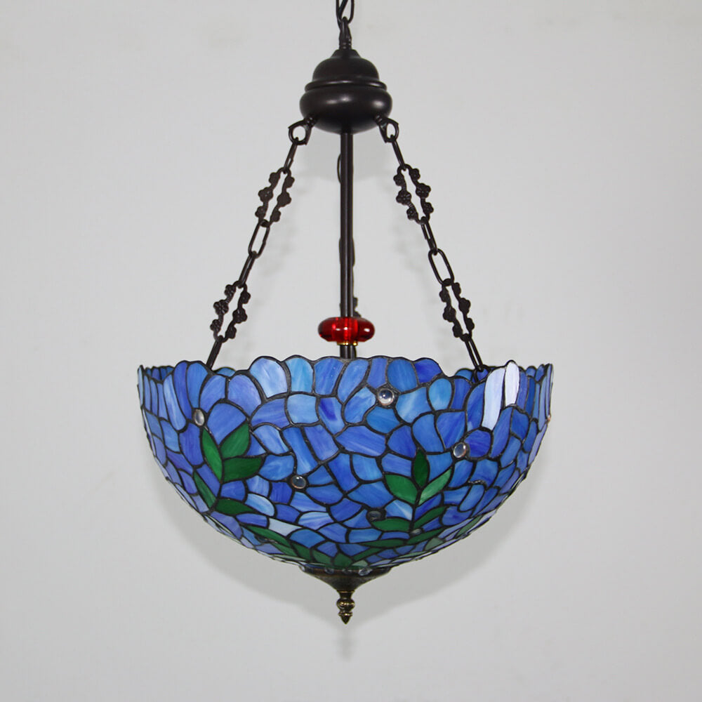 Lámpara de araña redonda de 3 luces de estilo vintage tradicional Tiffany con herrajes y vidrio teñido violeta 