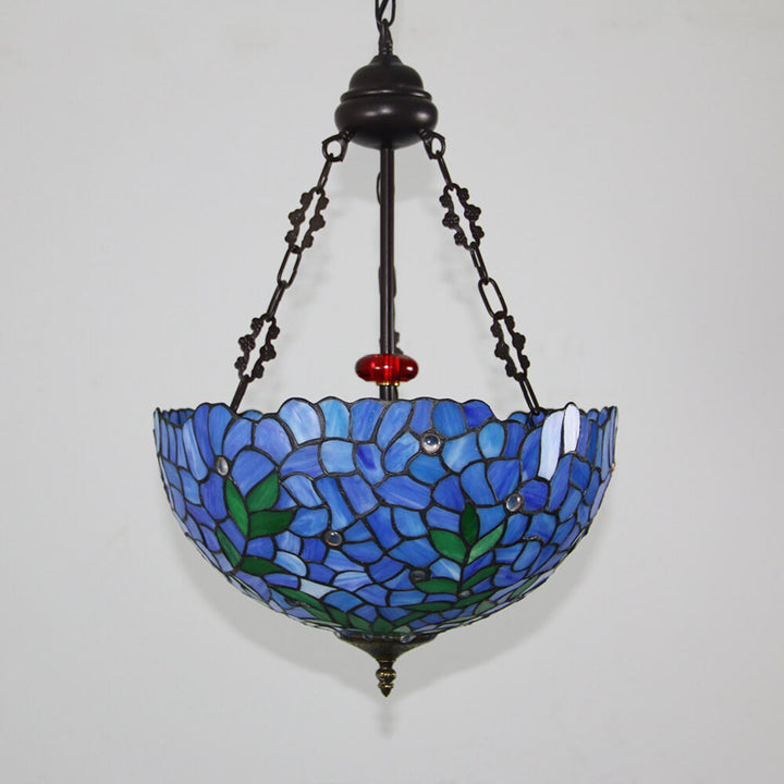 Lámpara de araña redonda de 3 luces de estilo vintage tradicional Tiffany con herrajes y vidrio teñido violeta 