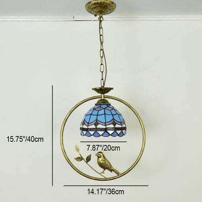 Tiffany Rustic Dome Stained Glass Ring Bird Design 1-Light Pendant Light