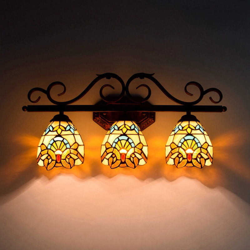 European Vintage Tiffany Stained Glass Iron 3-Light Mirror Front Light Wall Sconce Lamp