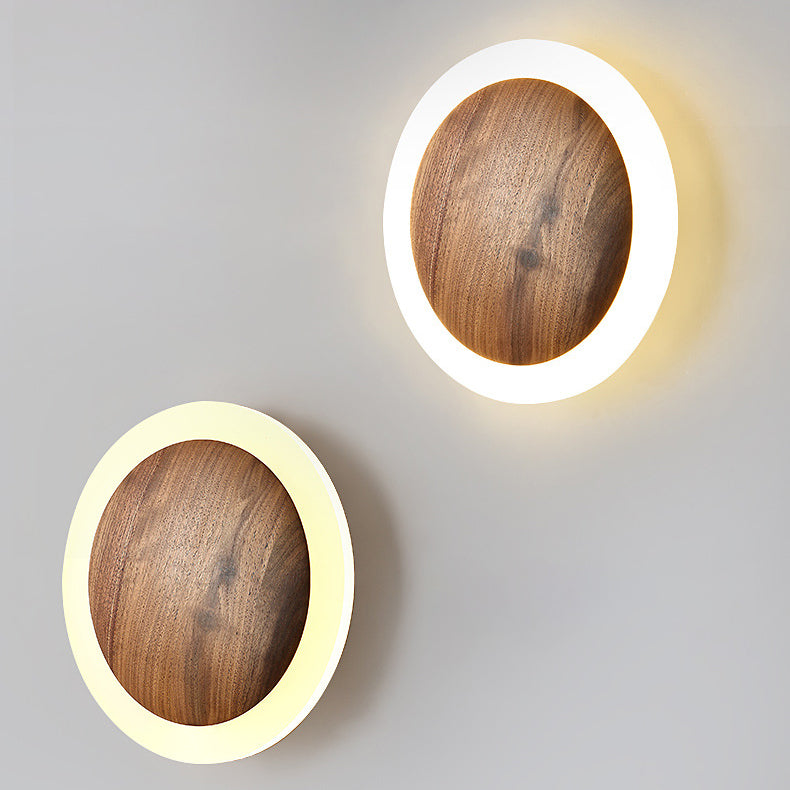 Aplique de pared LED con pantalla redonda de nogal negro japonés tradicional para sala de estar 