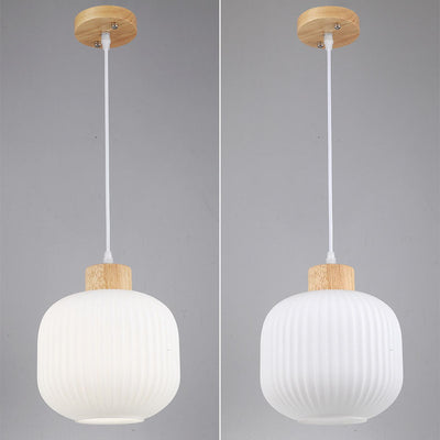 Japanese Minimalist Striped Glass Oval Jar Solid Wood 1-Light Pendant Light