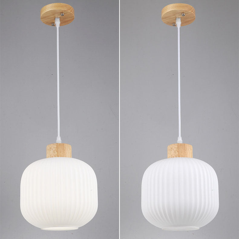 Japanese Minimalist Striped Glass Oval Jar Solid Wood 1-Light Pendant Light