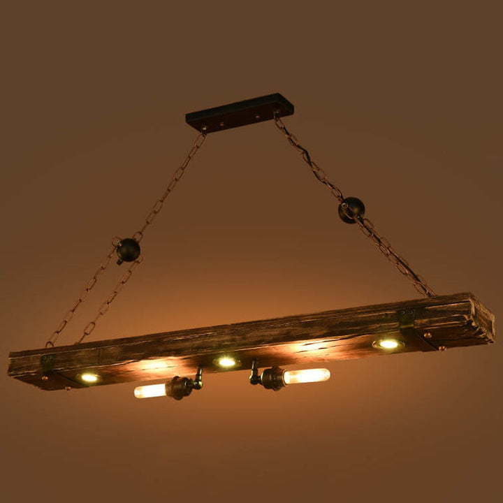 Lámpara de araña rectangular de madera y hierro industrial retro de 5 luces para isla 