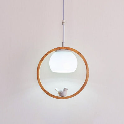 Nordic Minimalist Glass Wood Ring Bird Design 1-Light Pendant Light