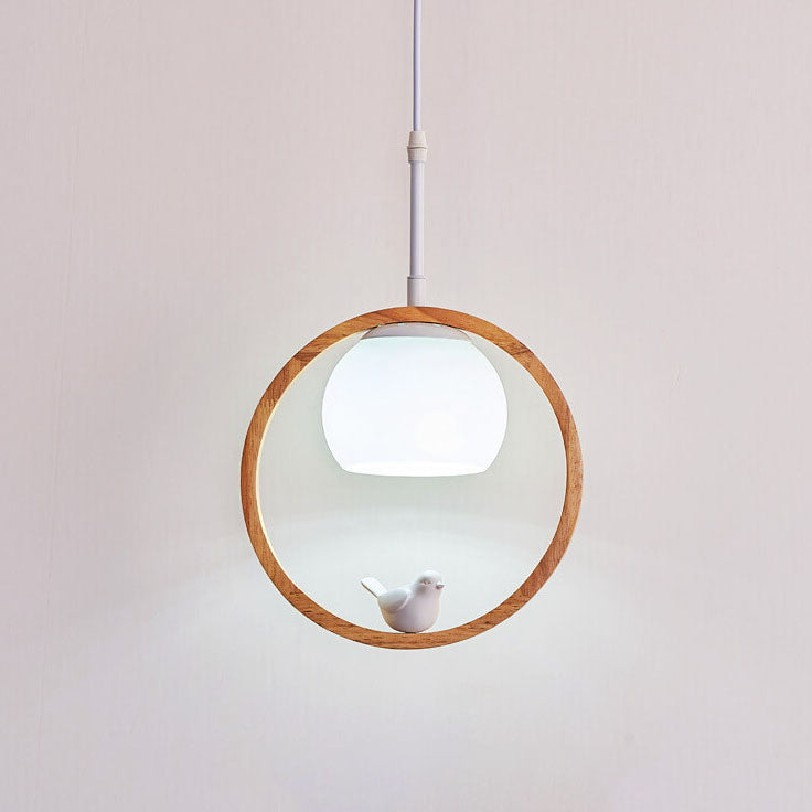 Nordic Minimalist Glass Wood Ring Bird Design 1-Light Pendant Light