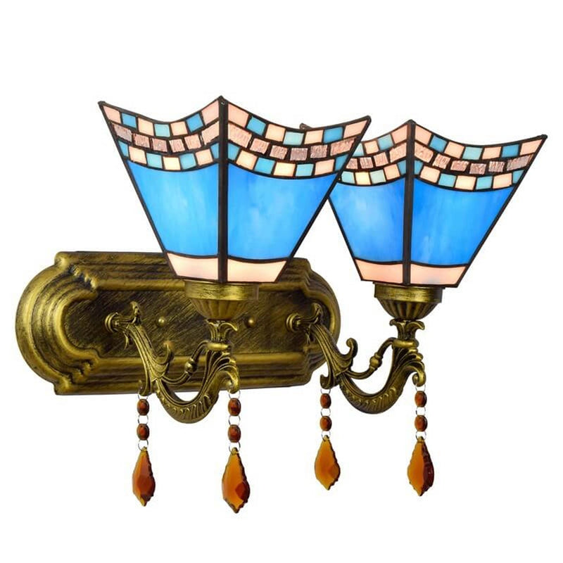 European Creative Tiffany Blue Glass Crystal 2-Light Wall Sconce Lamp