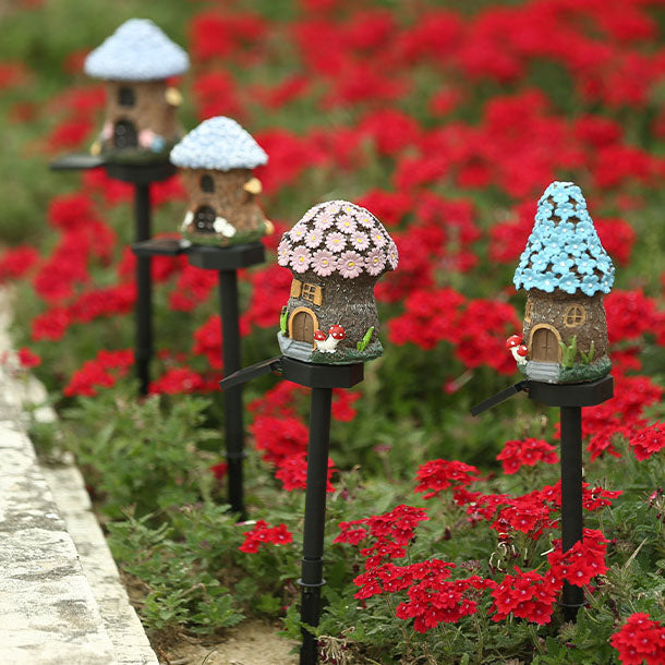 European Vintage Flower House Resin Decorative Solar Outdoor Lawn LED Garden Ground Insert Landscape Light