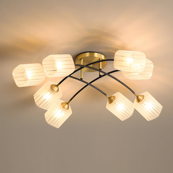 Traditionelle japanische mattierte quadratische Glas-Kupfer 6/8-Light Semi-Flush-Mount-Deckenleuchte für das Wohnzimmer 