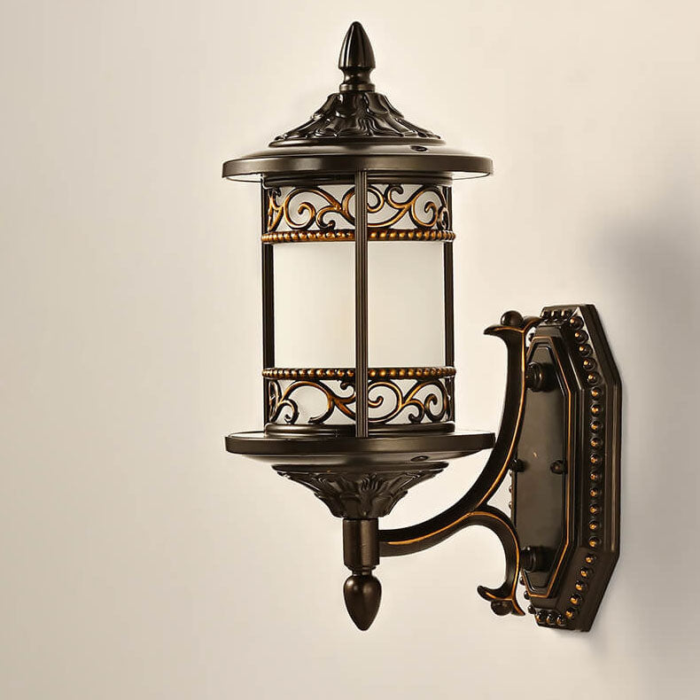 European Vintage Cylindrical Carved Outdoor Waterproof 1-Light Wall Sconce Lamp