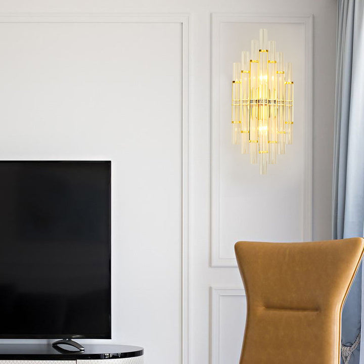 Modern Luxury Crystal Hardware Geometric Column Rechargeable 2-Light Wall Sconce Lamp For Living Room &amp; Bedroom