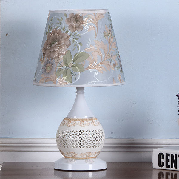 Traditional Chinese Ceramic Fabric Floral Cone 1-Light Table Lamp For Living Room &amp; Bedroom