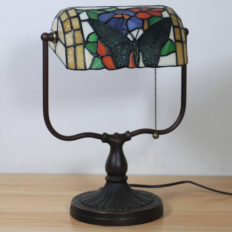 Traditional Tiffany Floral Butterfly Stained Glass 1-Light Bank Zipper Table Lamp for Bedroom