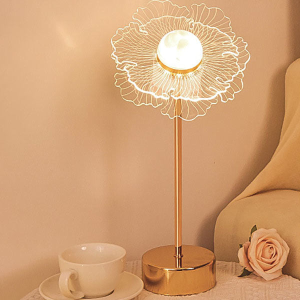 Moderne minimalistische LED-Tischlampe aus Acryl mit Blumen- und Schmetterlingsmotiv in Gold für das Schlafzimmer 