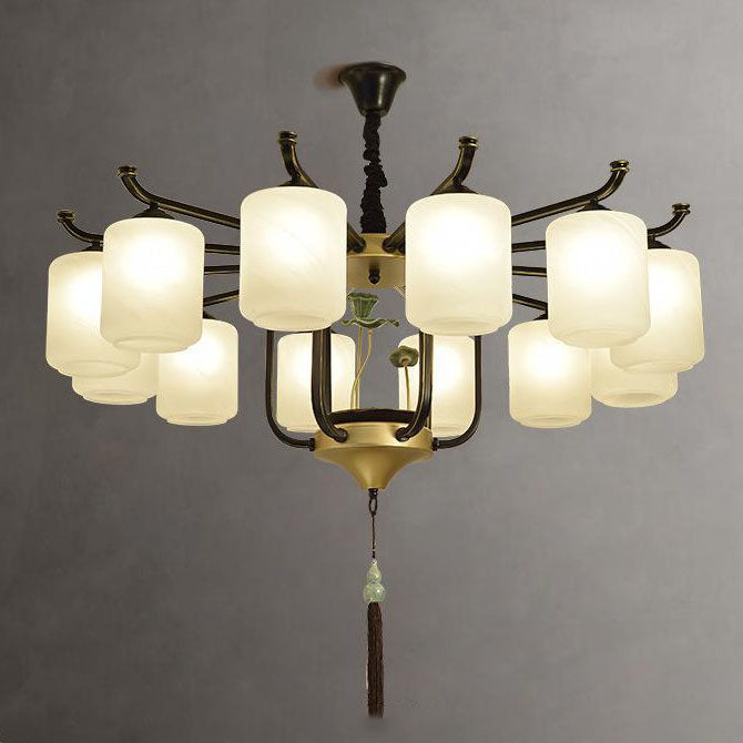 Traditioneller chinesischer Eisenrahmen Zylinder Glasschirm 6/8/10/12-Licht Kronleuchter für Wohnzimmer 