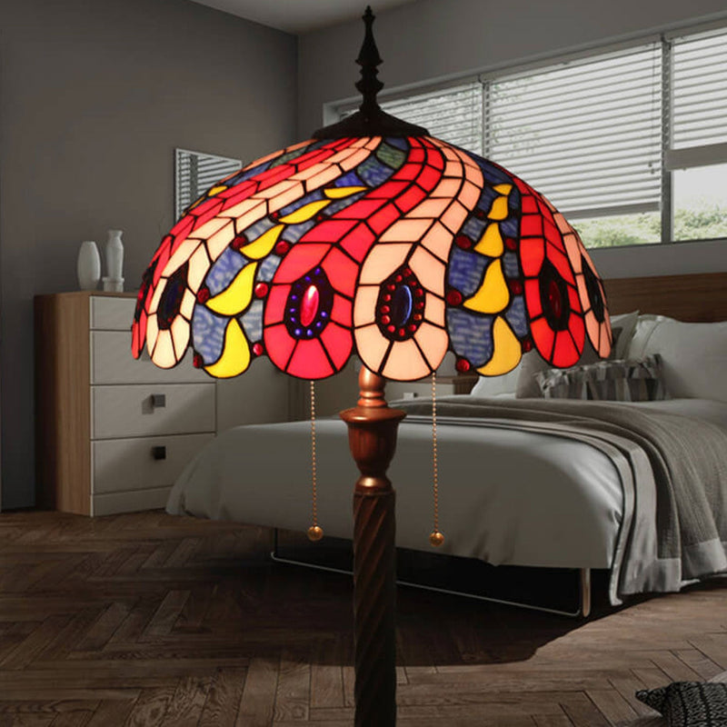 European Tiffany Peacock Tail Stained Glass 2-Light Standing Floor Lamp