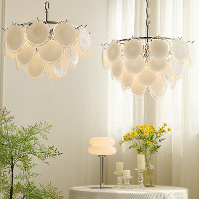 French Vintage White Glass Round Shell 5 Light Chandelier