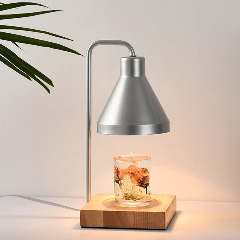 Lampe de table à cire fondante à 2 lumières avec abat-jour conique simple et base en bois 