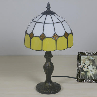 Vintage Tiffany Gemstone Stained Glass Round 1-Light Table Lamp