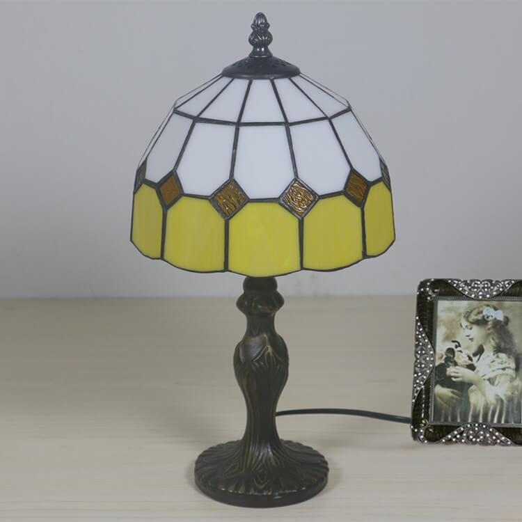 Vintage Tiffany Gemstone Stained Glass Round 1-Light Table Lamp