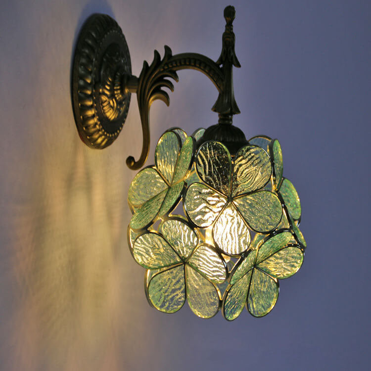 European Vintage Tiffany Flower Shaped Glass Metal 1-Light Wall Sconce Lamp