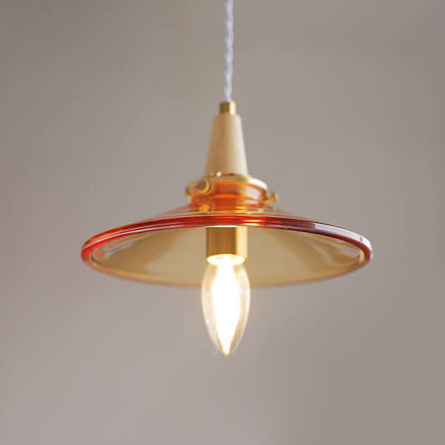 Lustre suspendu vintage en verre orange avec cône et bois massif à 1 ampoule 