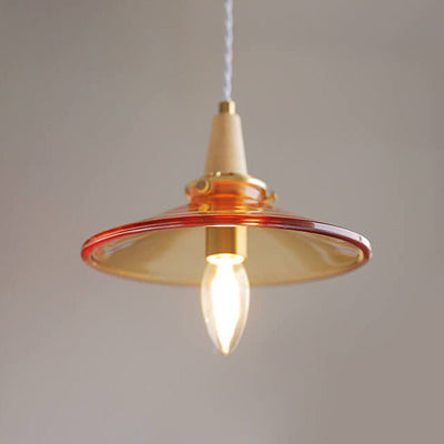 Vintage Orange Glass Cone Solid Wood 1-Light Pendant Light