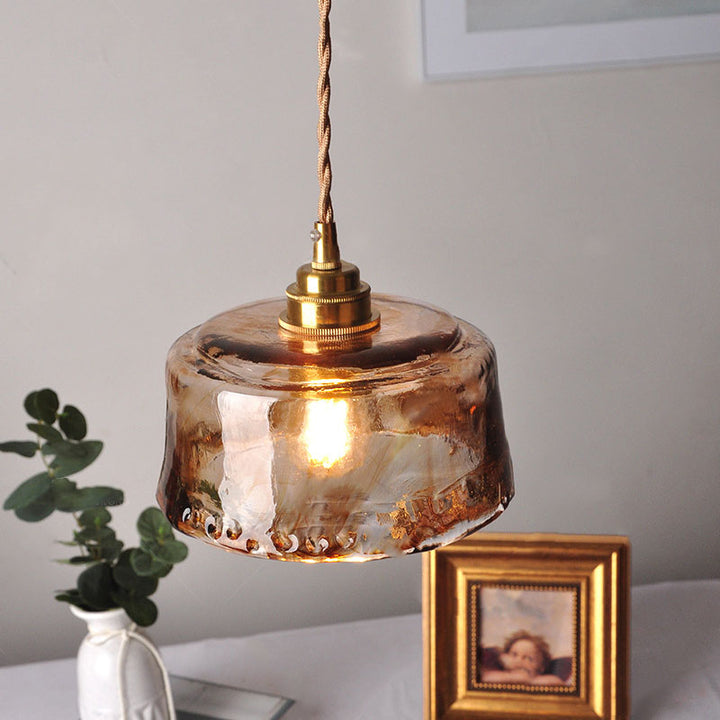 Suspension Luminaire Vintage Ambre Tambour Rond Verre Laiton 1 Lumière 