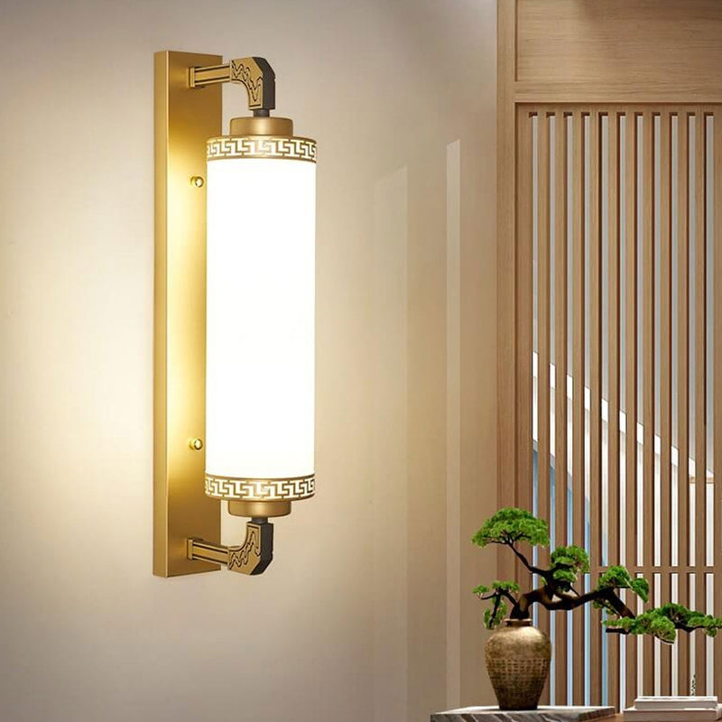 Modern Chinese Column Iron Glass 2-Light Wall Sconce Lamp