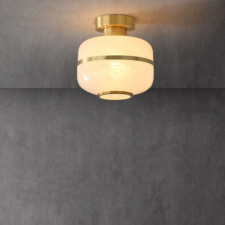 Modern Chinese Copper Fabric Round Tassel 1-Light Semi-Flush Mount Ceiling Light For Living Room