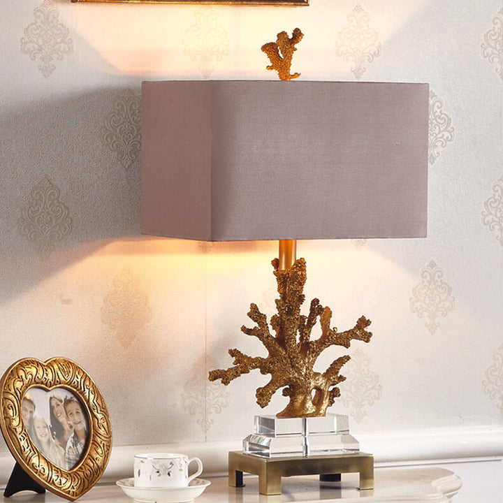 Modern Art Deco Linen Resin Crystal Coral Base 1-Light Table Lamp For Bedroom