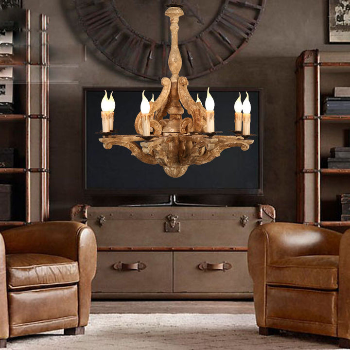 European Rustic Vintage Solid Wood 8-Light Chandelier